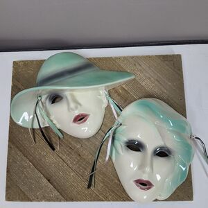Vintage 1980s Ceramic Wall Masks Set – Hand Painted Green & Cream Art Deco Faces